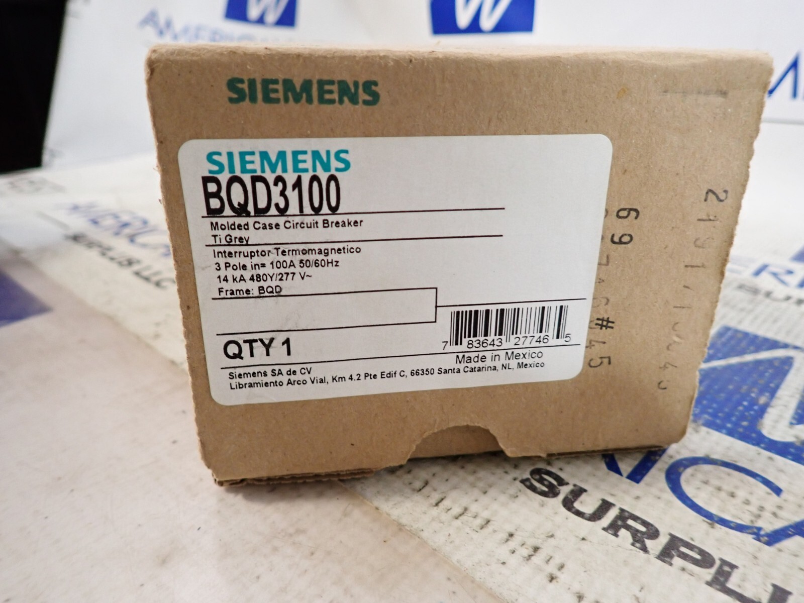 NEW in box Siemens BQD3100 3p 100 amp 14kA@480v Gray Style