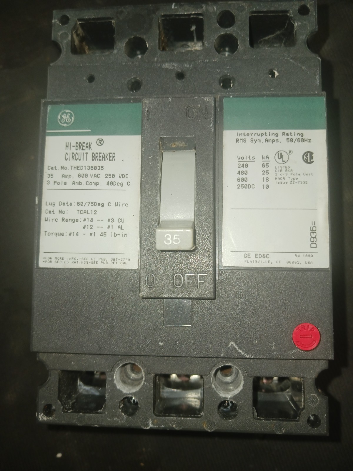 GE HI-BREAK THED136045 BREAKER 45A 600V 3P