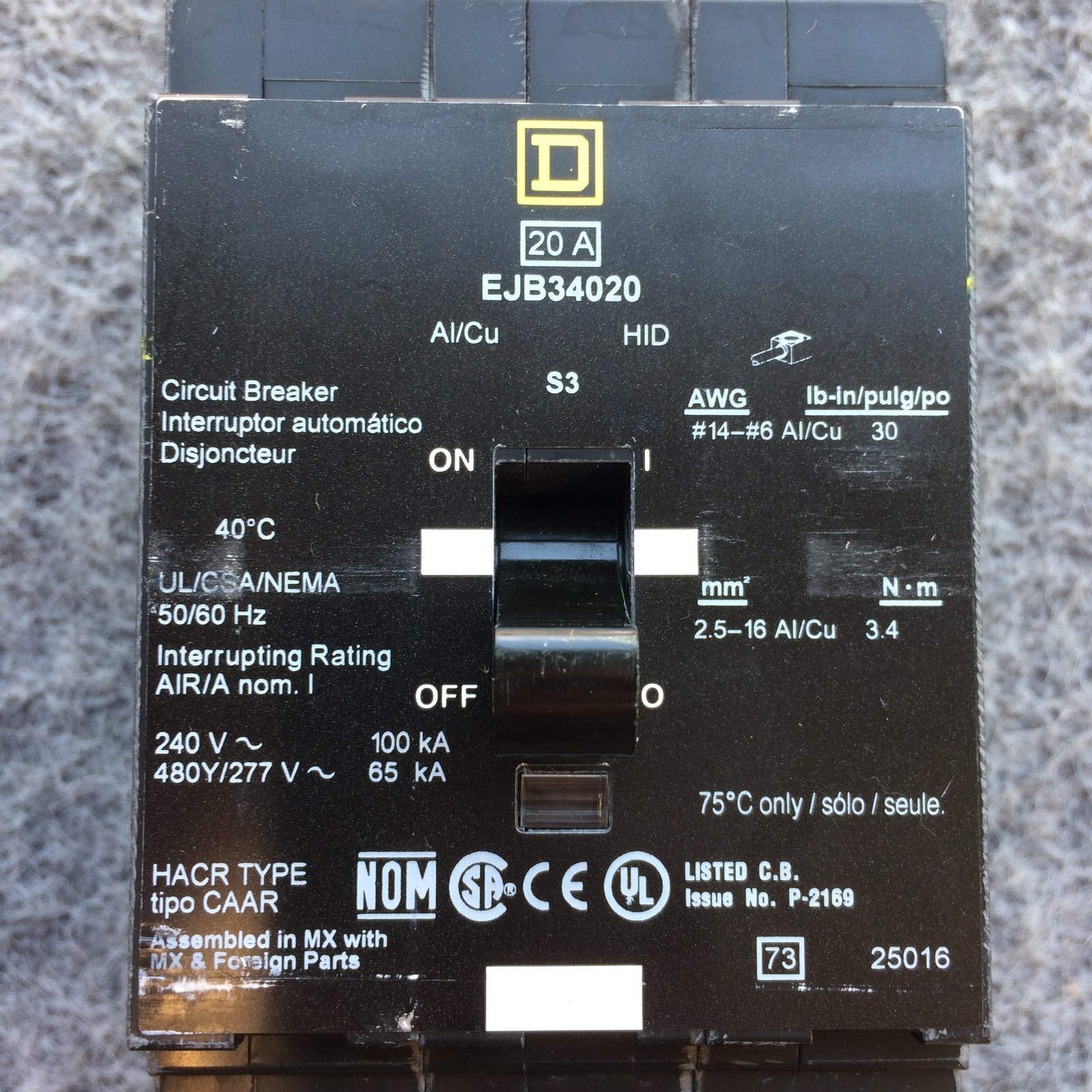 Schneider Electric Square D EJB34020 Mini Circuit Breaker 20A 3 Pole 480Y/277VAC