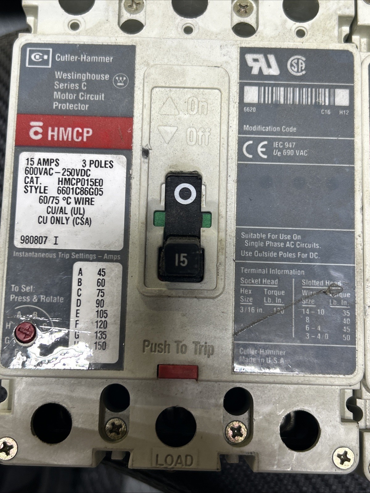 3 Used EATON /Cutler Hammer HMCP015EOC 15 Amp 600 Volt 3 Pole Circuit Breakers
