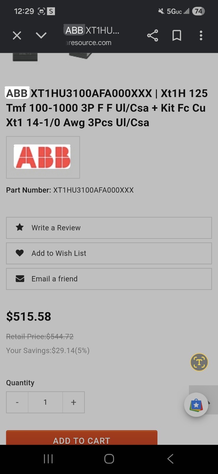 ABB SACE Tmax XT1H 125 Circuit Breaker 100-1000A 3-Pole 240V