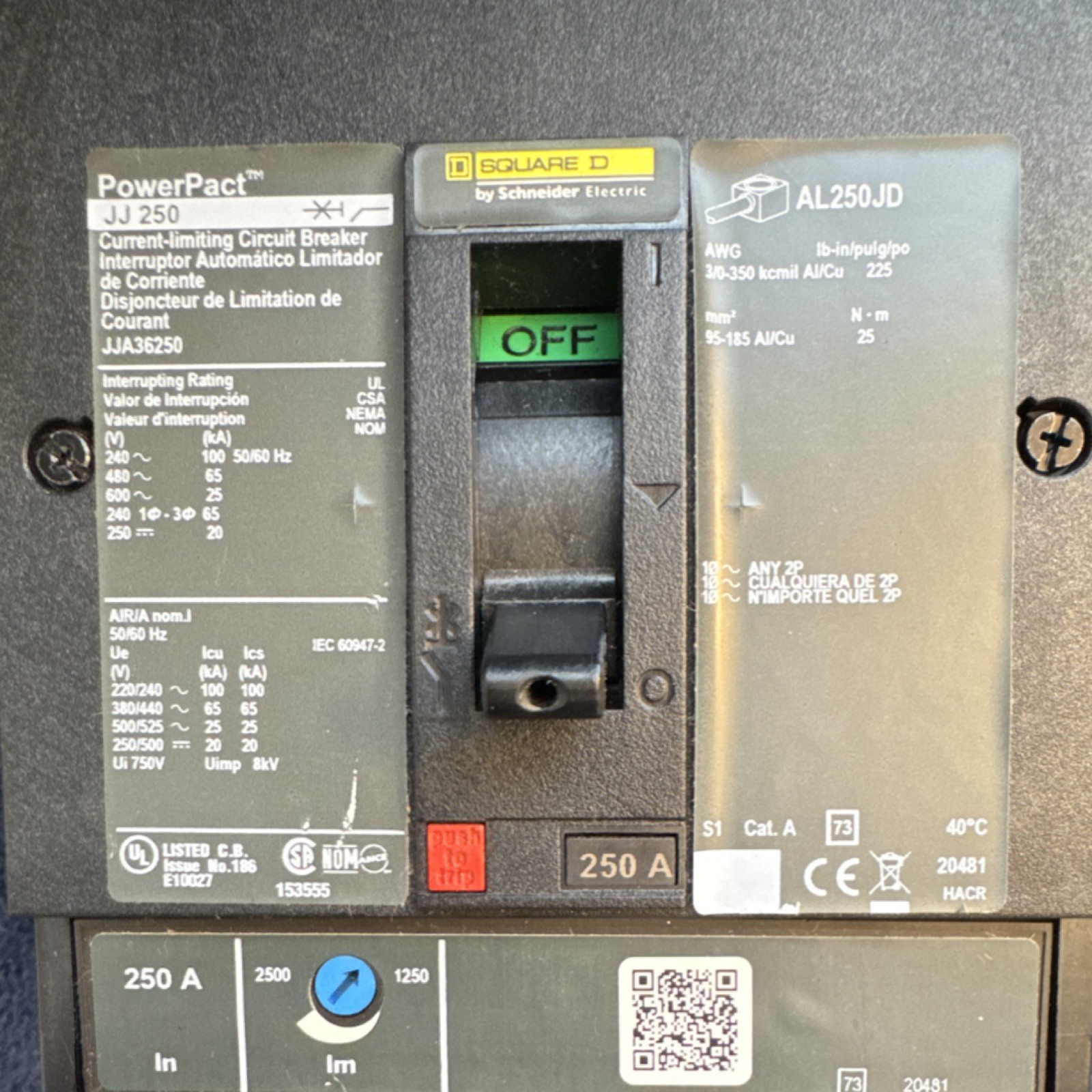Square D PowerPact JJA36250 AL250JD 250A 3-Pole I-Line Circuit Breaker 600V