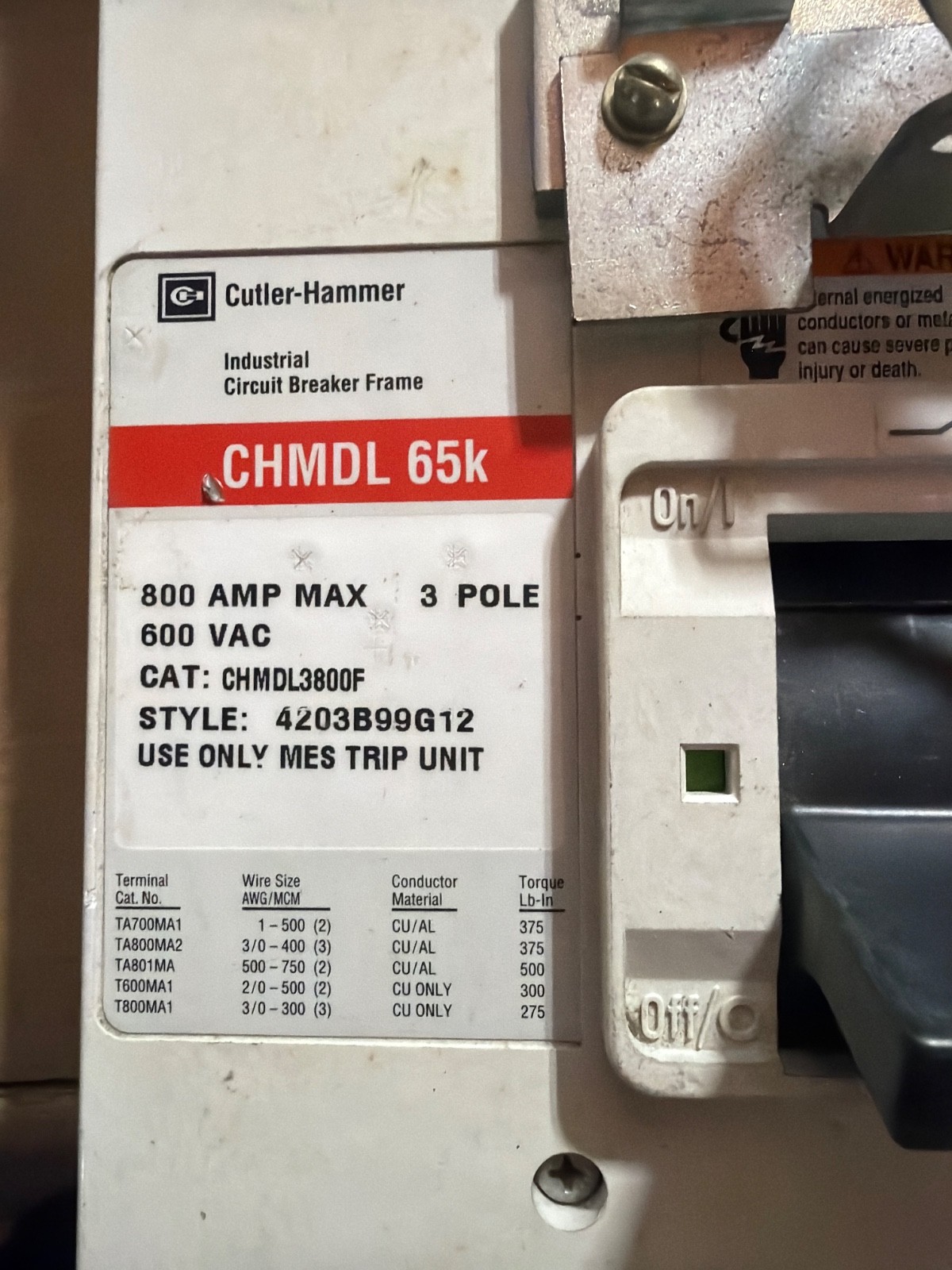 Cutler Hammer CHMDL3800F ,MCCB, 3P/ 800A/ 600V/ 65kA
