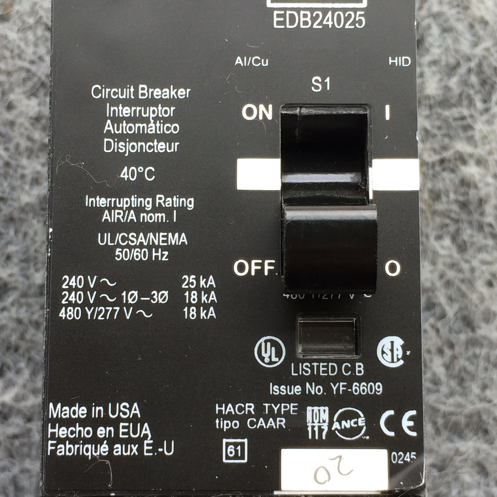 Square D EDB24025 2 Pole 25 Amp 480Y/277V Circuit Breaker