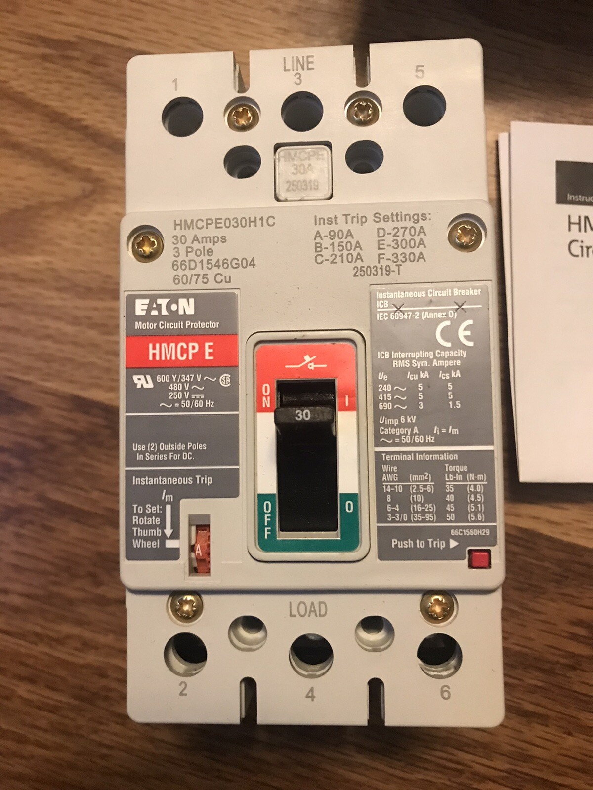 Eaton Breaker Type HMCPE 30 AMP,480VAC/250VDC 600Y/347VAC 3 Pole, 2 Available