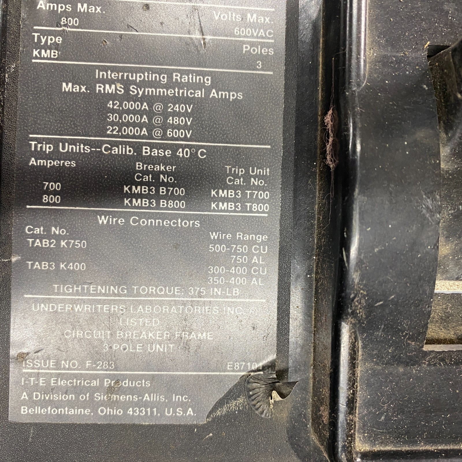 ITE KMB3F800 Circuit Breaker Frame 3 Pole 800 Amp Type KMB 600VAC Siemens ✅