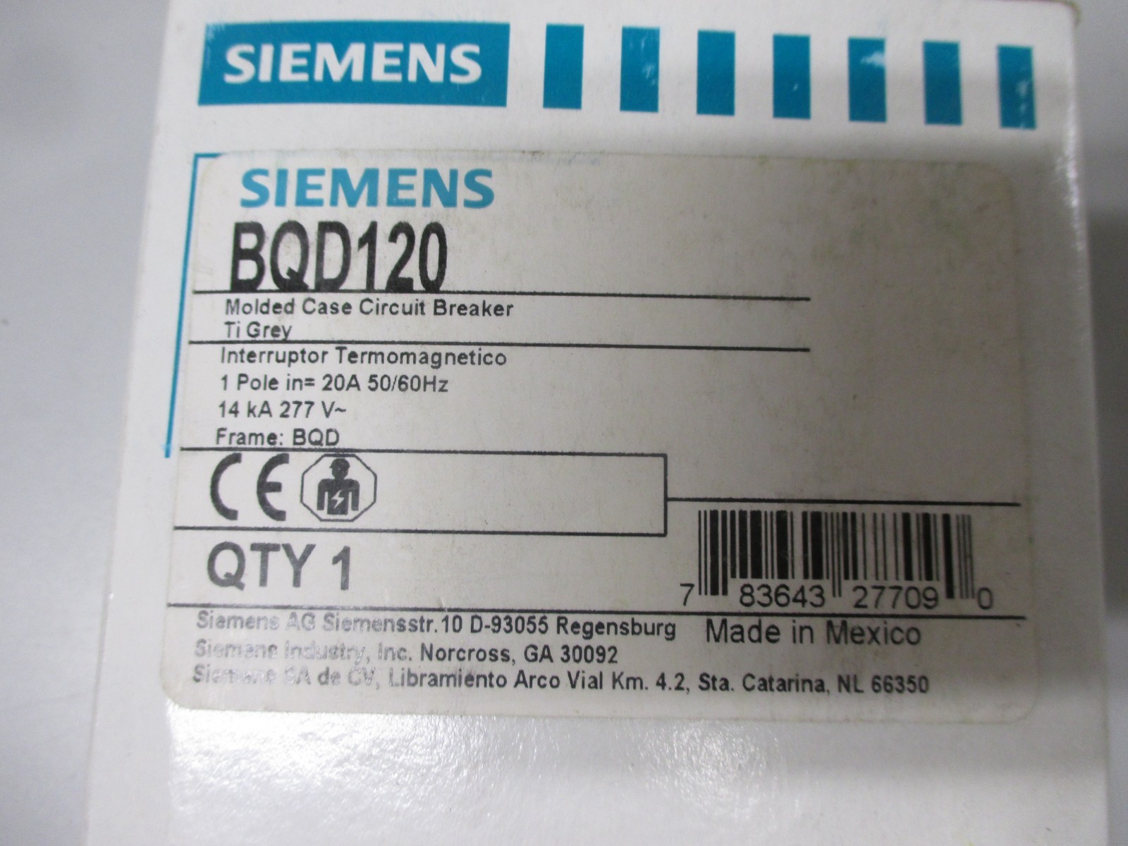 Siemens BQD120 20 Amp 1 Pole 14kA@277V BQD Bolt On Circuit Breaker NEW