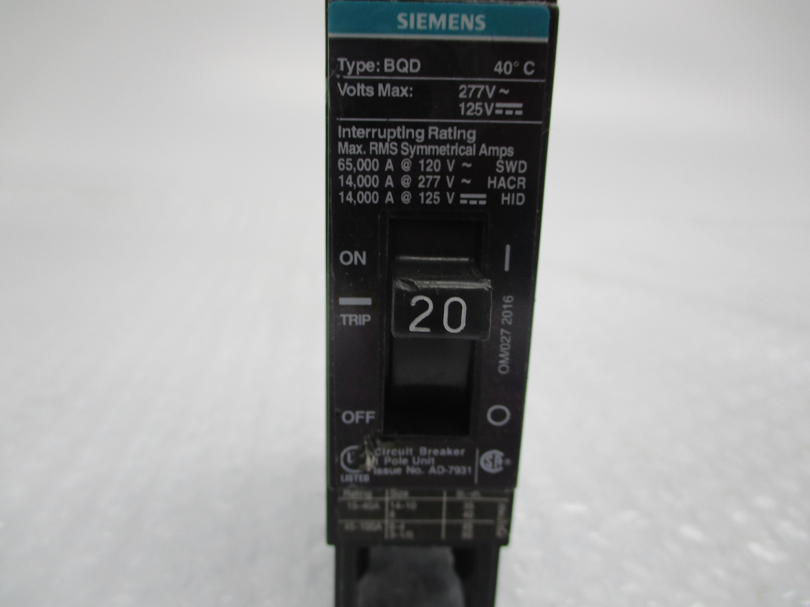 SIEMENS BQD120BP BREAKER 1POLE 20AMPS UNMP