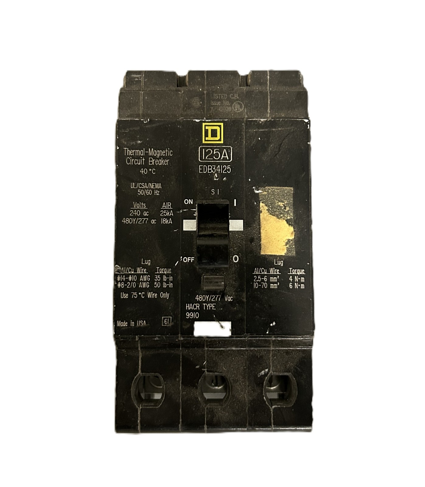Square D EDB34125 Thermal-Magnetic Circuit Breaker 125A 3-POle 480Y/277VAC