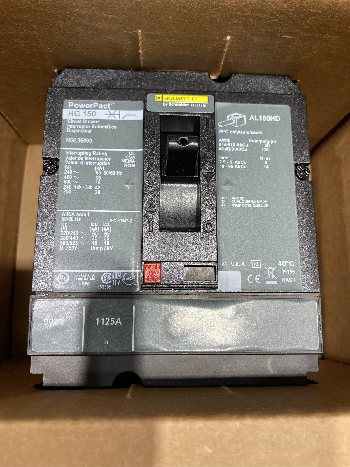 HGL36090 SQUARE D CIRCUIT BREAKER MOLDED CASE 600 VOLTS 90 AMPS NEW