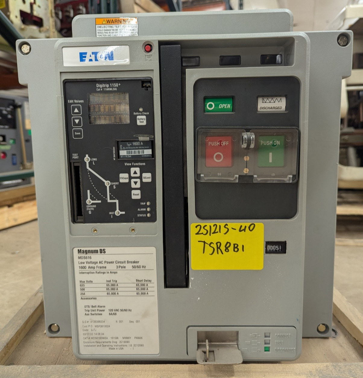EATON CUTLER-HAMMER MAGNUM DS MDS6163WEA 1600AMP LOW VOLTAGE AC CIRCUIT BREAKER