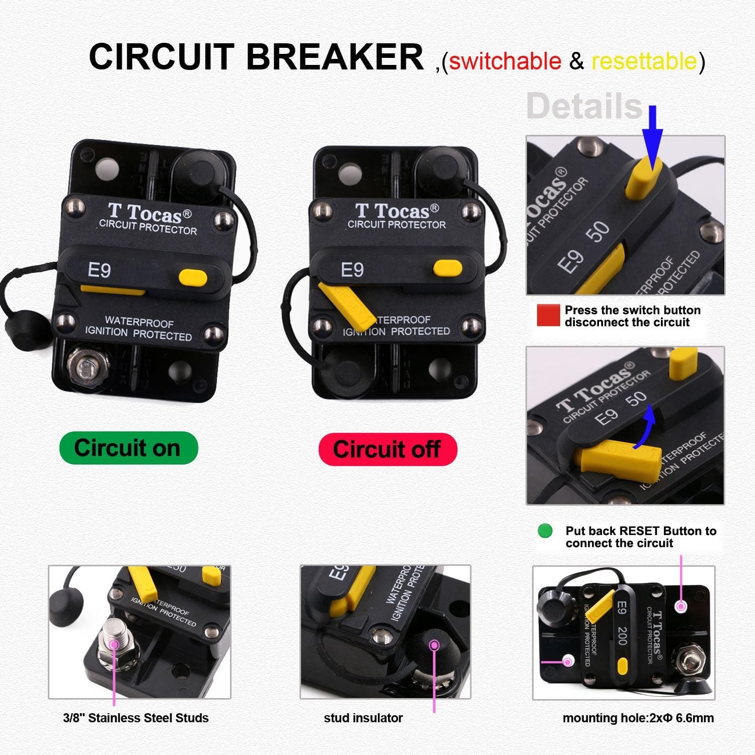 Hi-Amp 200 Amp Trolling Motor Circuit Breaker with Manual Reset Switchable fo…