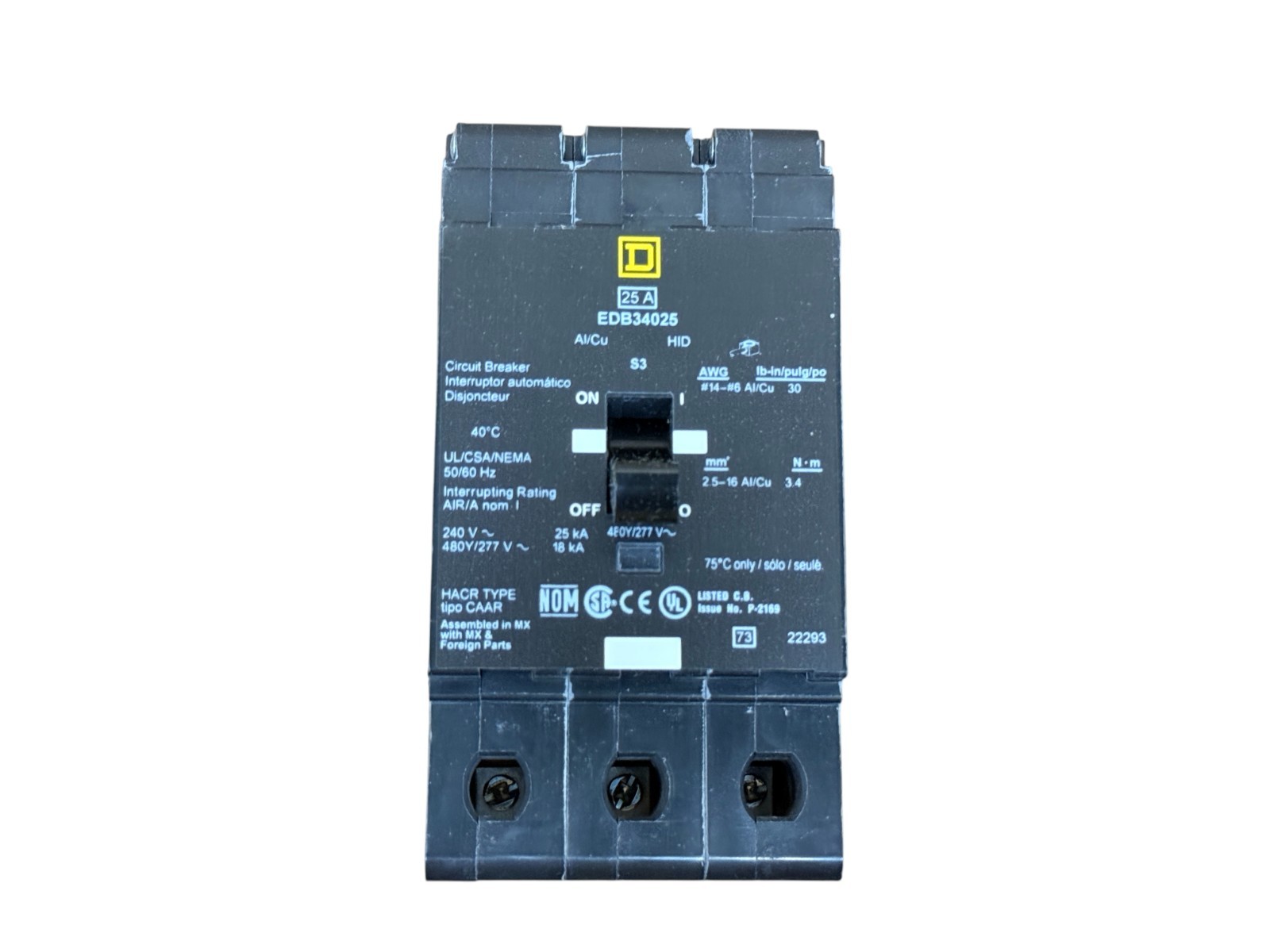 SQUARE D EDB34025 25A 3-PHASE 3-POLE 480Y/277V E-FRAME BOLT-ON CIRCUIT BREAKER