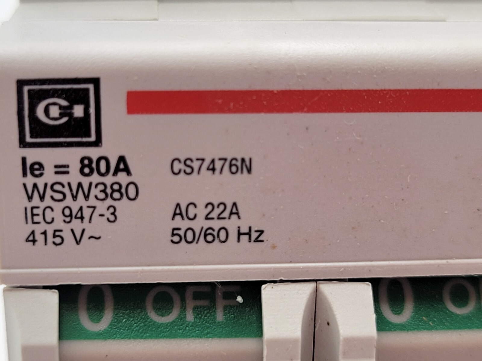Cutler-Hammer WSW380 DIN Rail Switch Disconnector Circuit Breaker 80A 415V 3P