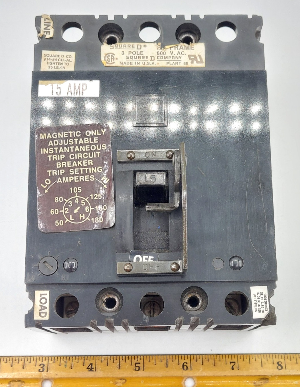 Square D FAL36015 15A 3P 600V Adjustable Instant Trip Breaker w/ Locking Shackle