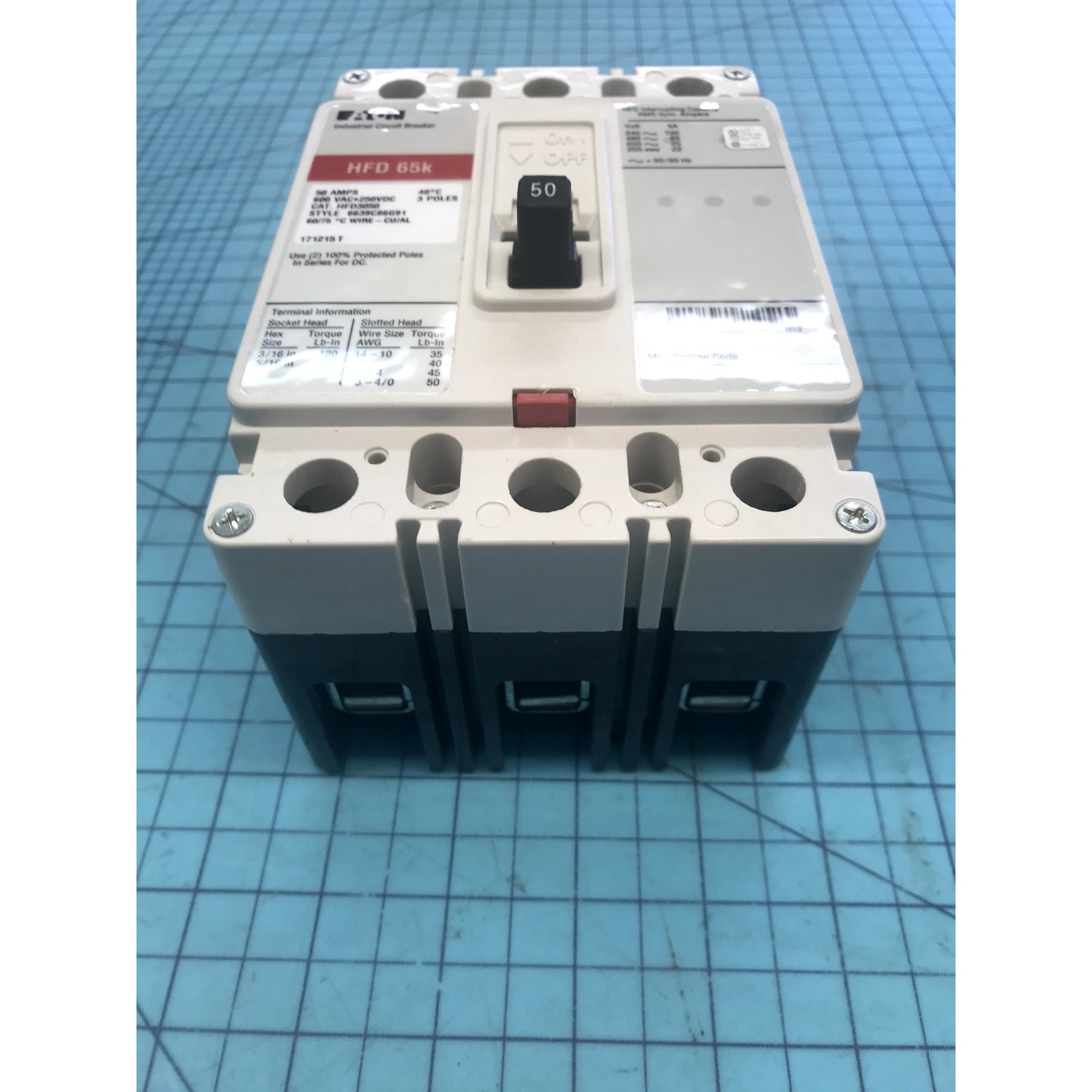 Eaton HFD3050 50A 3P 600V Circuit Breaker 65kA F-Frame Series C 6639C86G91