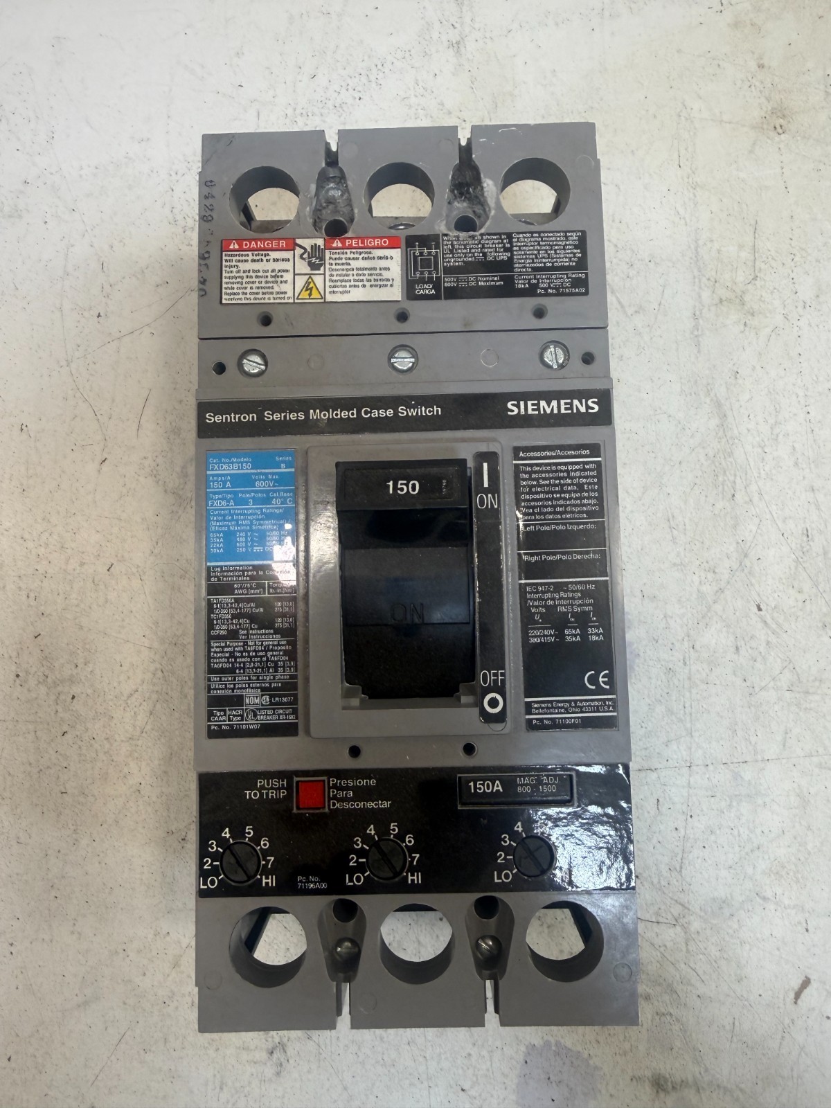 Siemens FXD63B150 Sentron Series 150A 600V 3P Circuit Breaker FXD6-A