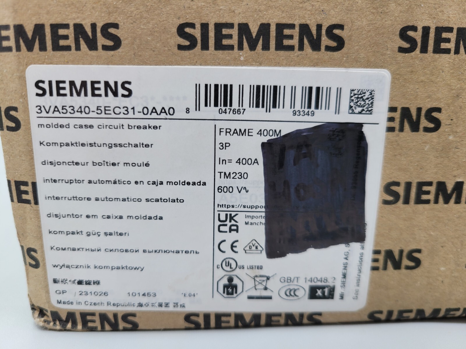 New Siemens ITE 3VA5340-5EC31-0AA0 400 AMP 3 POLE 35kAIC 480V Circuit Breaker