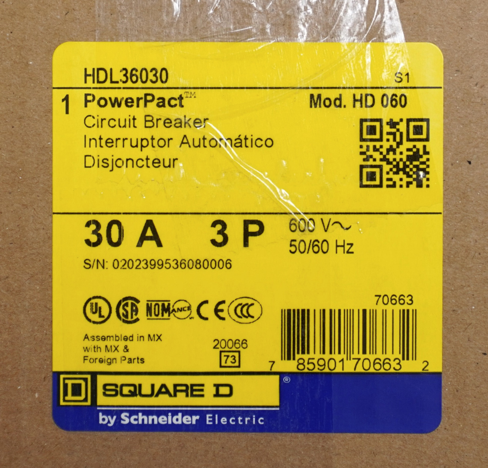 Square D – HDL36030 Breaker – Schneider Electric – 3P, 3PH, 30A, 600V, 25kA@240V