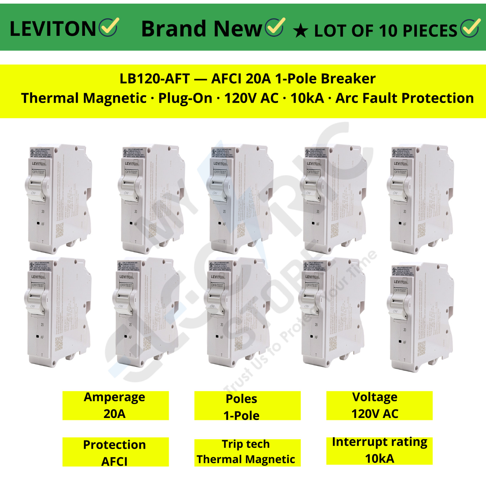 Leviton LB120-AFT 20A Arc Fault AFCI Thermal Magnetic Breaker 120V NEW Lot 10