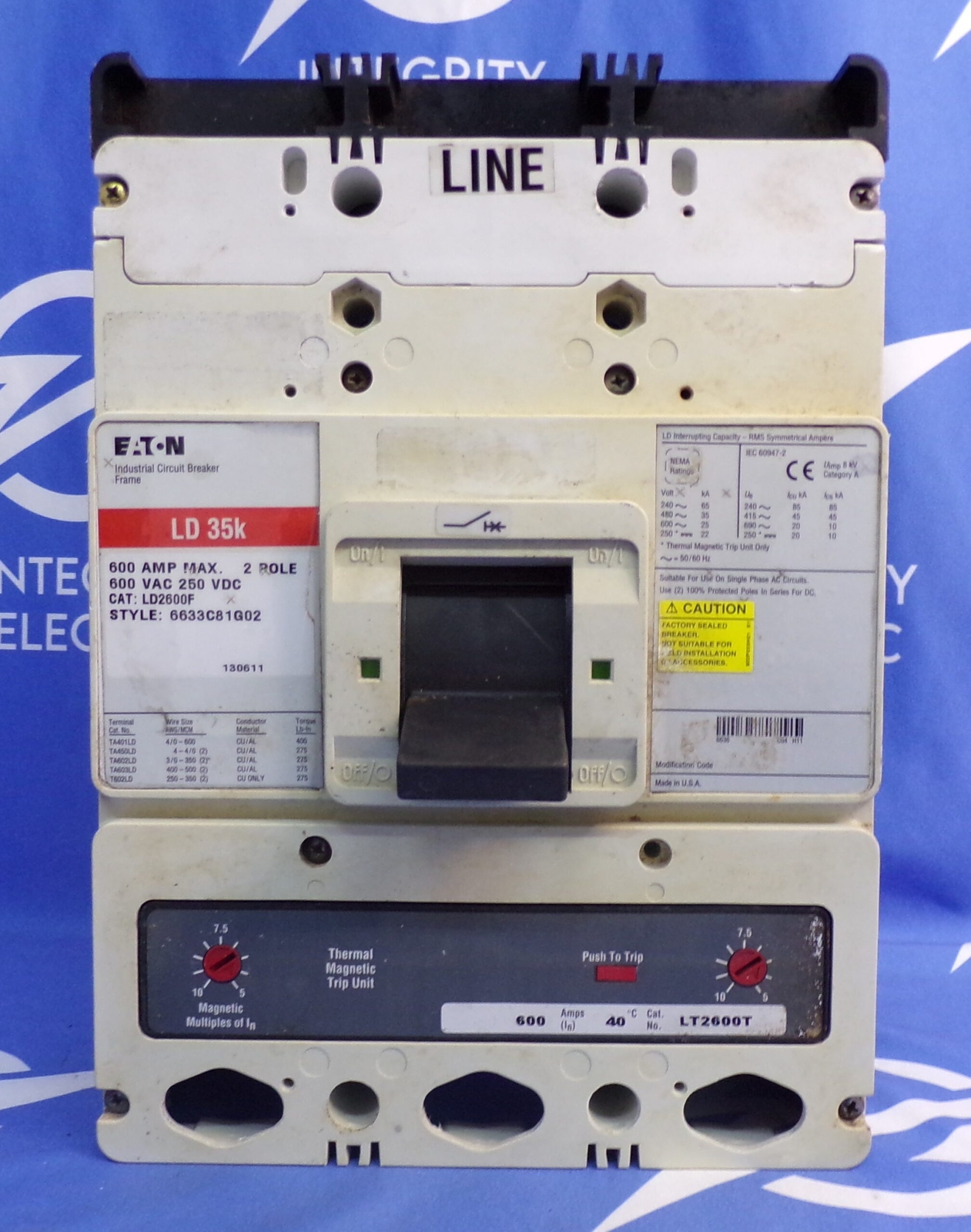 EATON CIRCUIT BREAKER LD2600F 600A 600V 2P W/ THERMAL MAGNETIC TRIP LT2600T 1YR