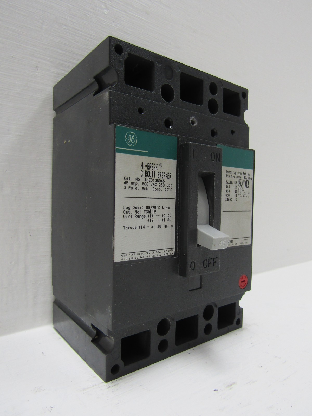 GE General Electric THED136045 45 Amp 600V 3-Pole High-Break Circuit Breaker 45A