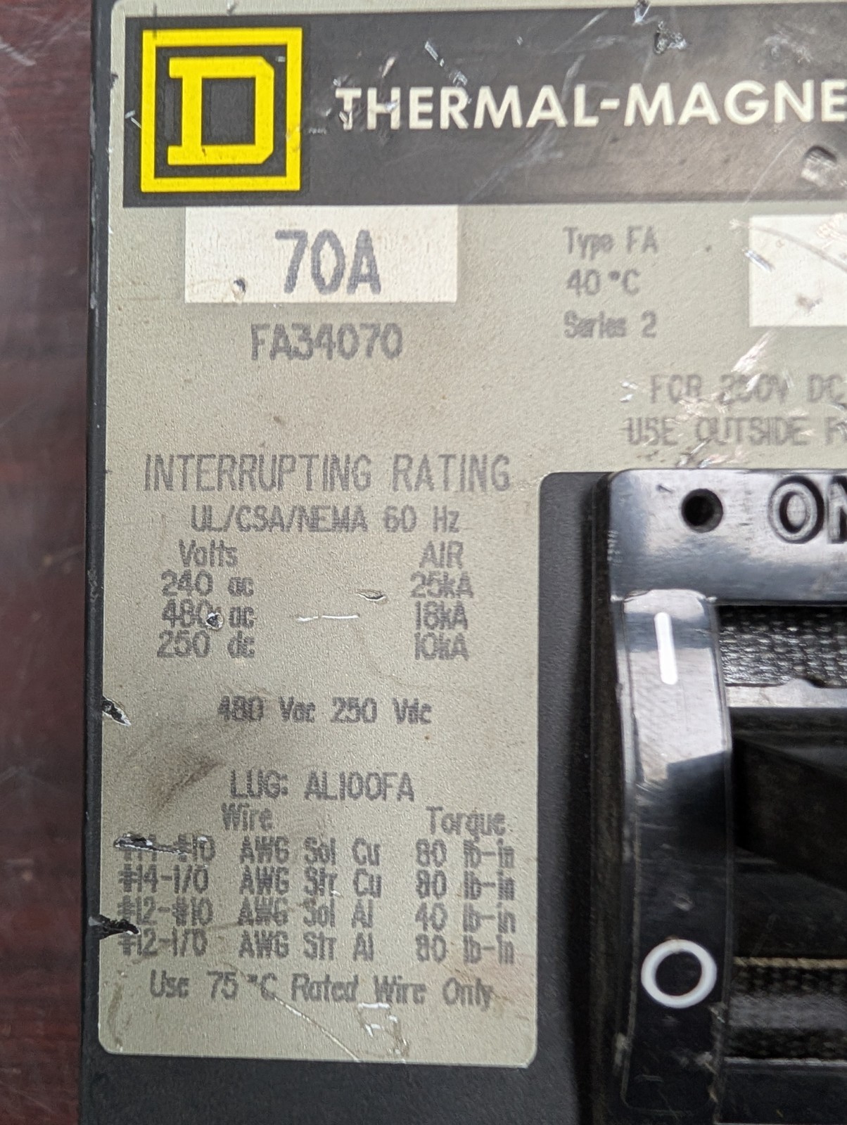 🤪 SQUARE D 70 AMP I-LINE CIRCUIT BREAKER 480 VAC 3 POLE FA34070