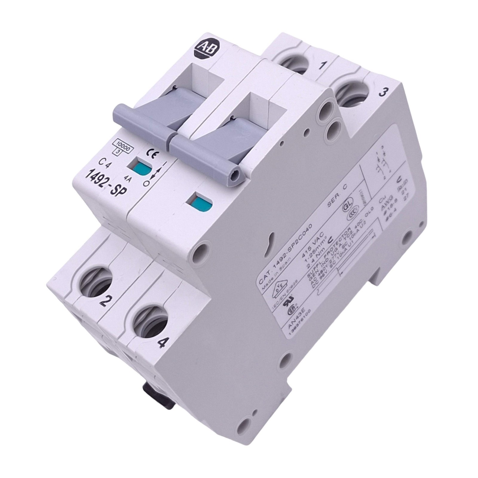 Allen Bradley 1492-SP2C040 Circuit Breaker, 2-Pole 4A, 415VAC, DIN Rail