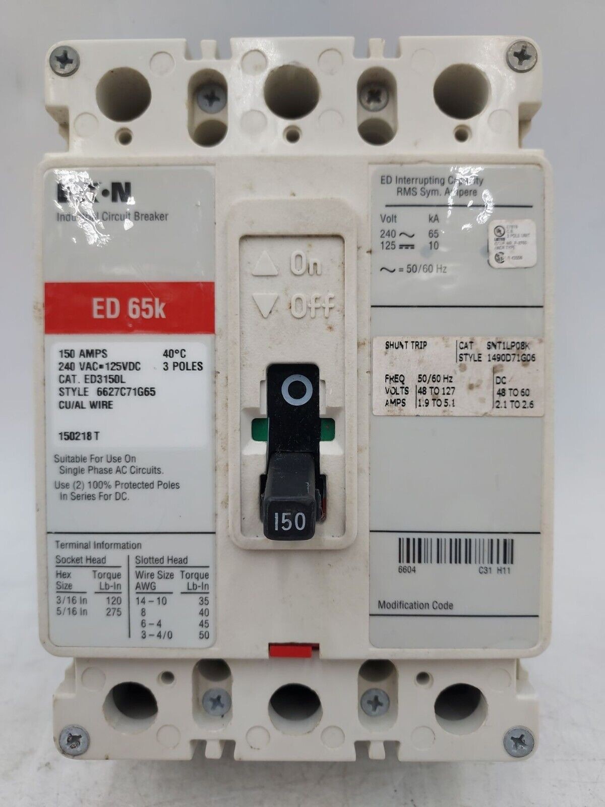 EATON CH ED3150L Circuit Breaker 150A 3P 240V ED 65k 150 Amp Shunt Bolt On
