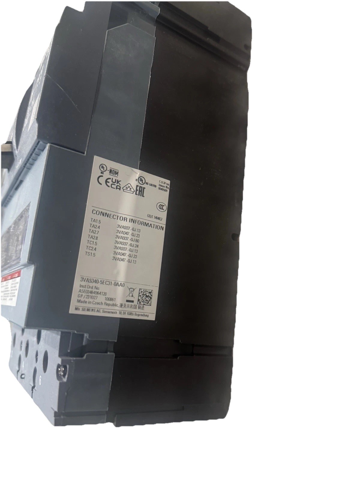 Siemens 3VA5340-5EC31-0AA0 Circuit Breaker 400A 3-Pole 600V + TM230 Trip Unit