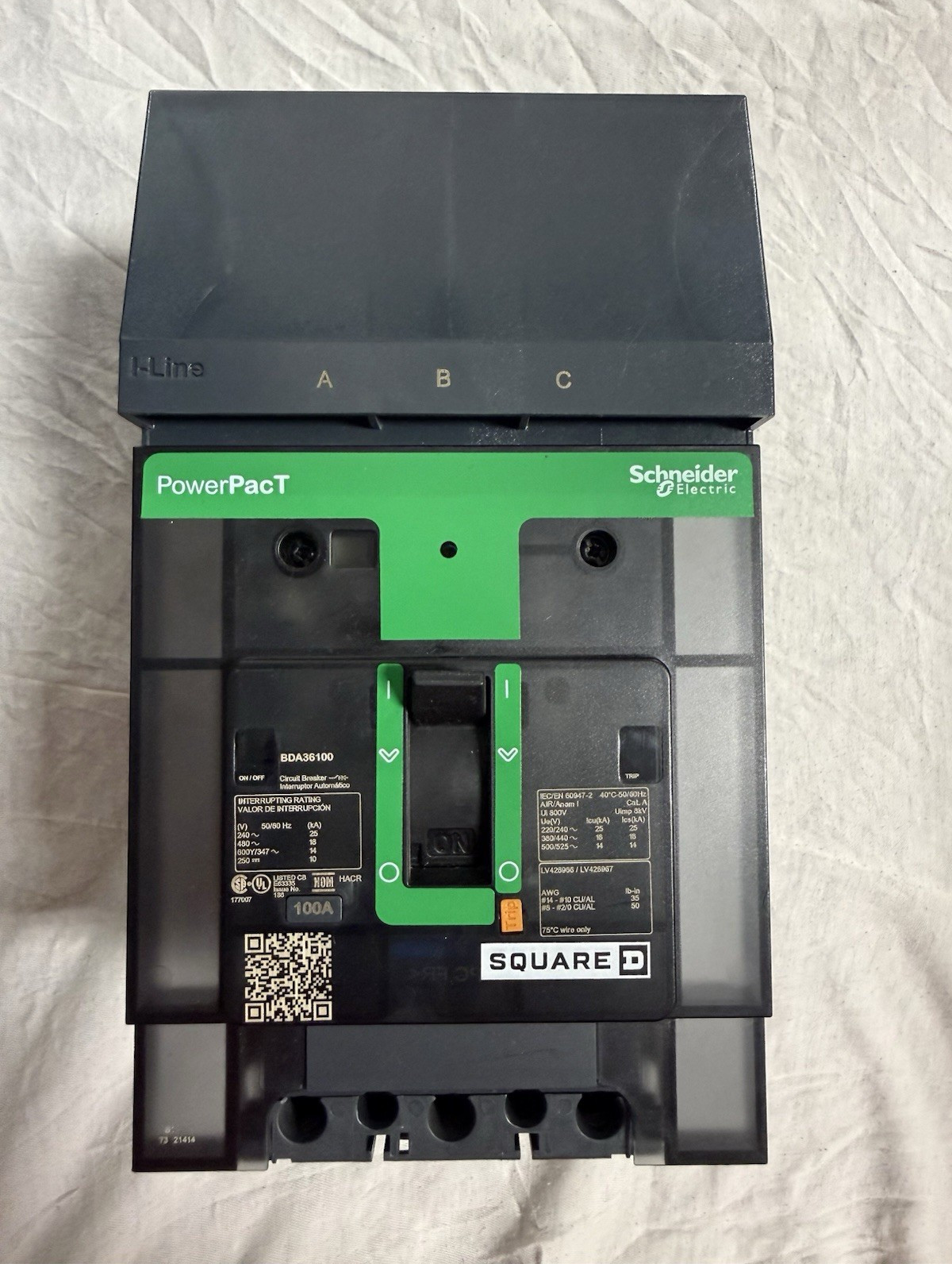 Square D PowerPacT BDA36100 3-Pole 100A 480Vac I-Line Circuit Breaker