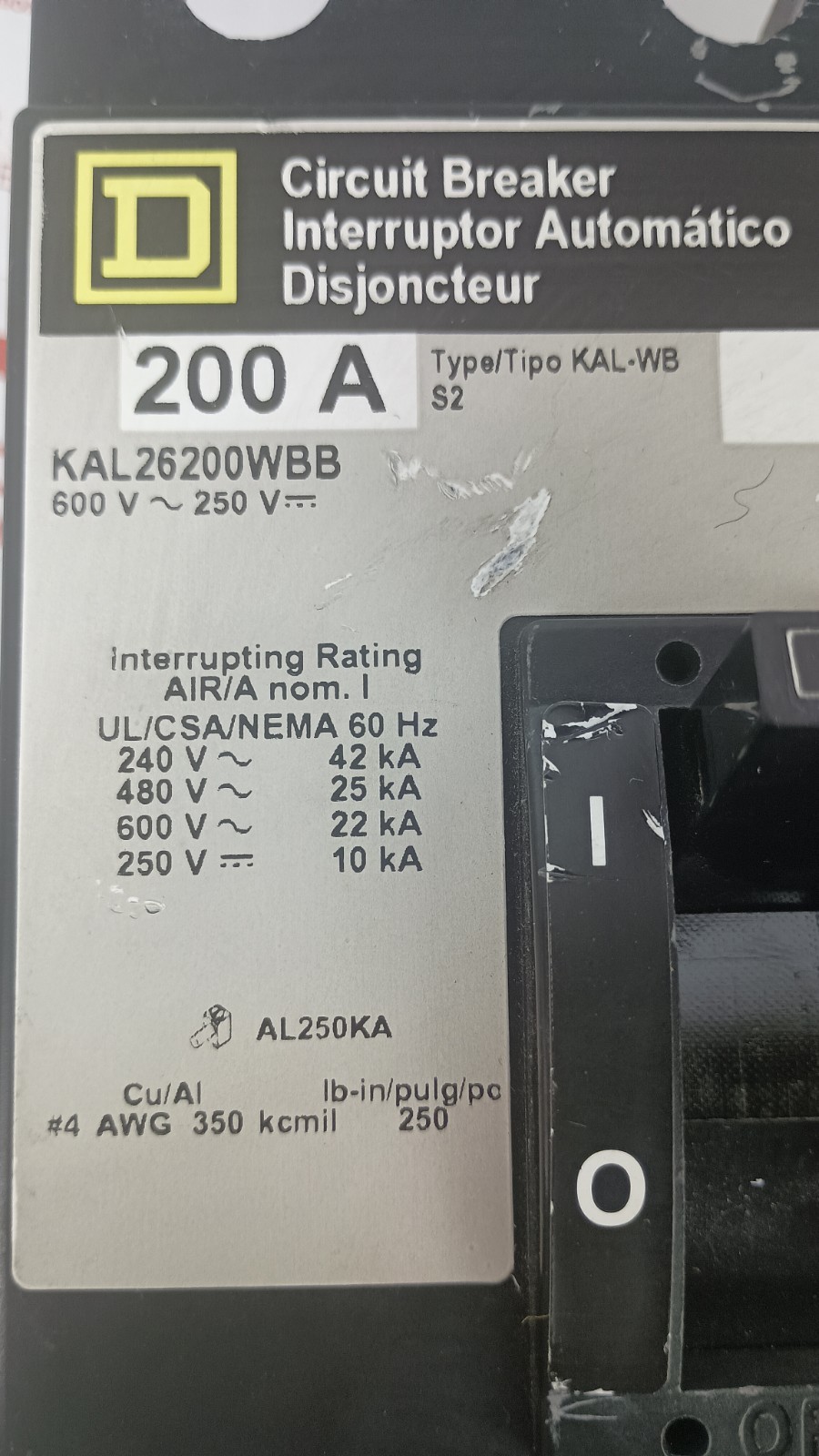 Square D KAL26200 200A 600V 2Pole Circuit Breaker USED CONDITION