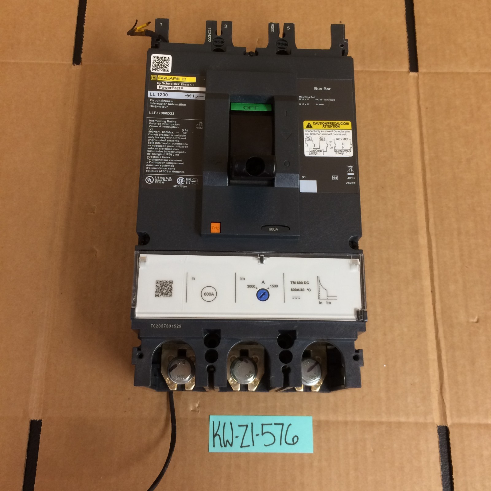 LLF37060D33 SQUARE D/SCHNEIDER ELECTRIC 600A LL1200 POWERPACT CIRCUIT BREAKER 3P