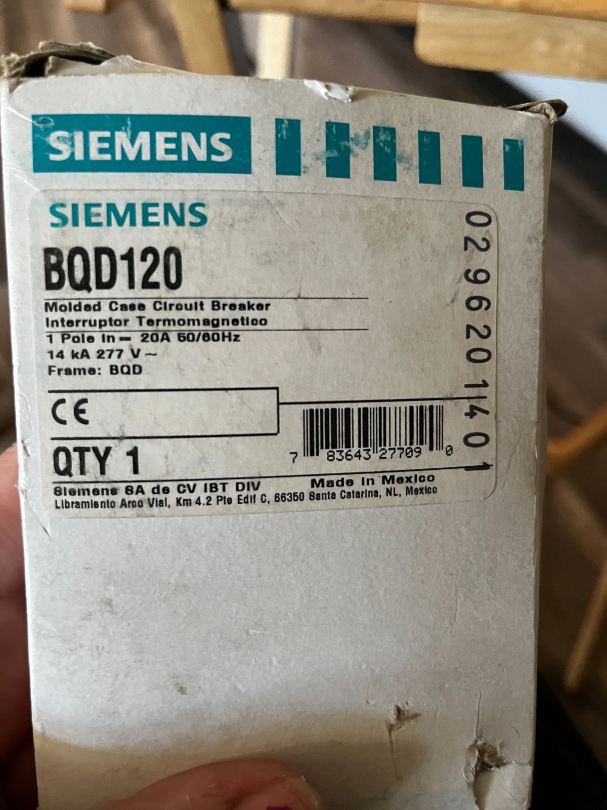 Siemens BQD120 20-Amp Single Pole 277V AC / 125V DC 14KAIC Bolt in Breaker