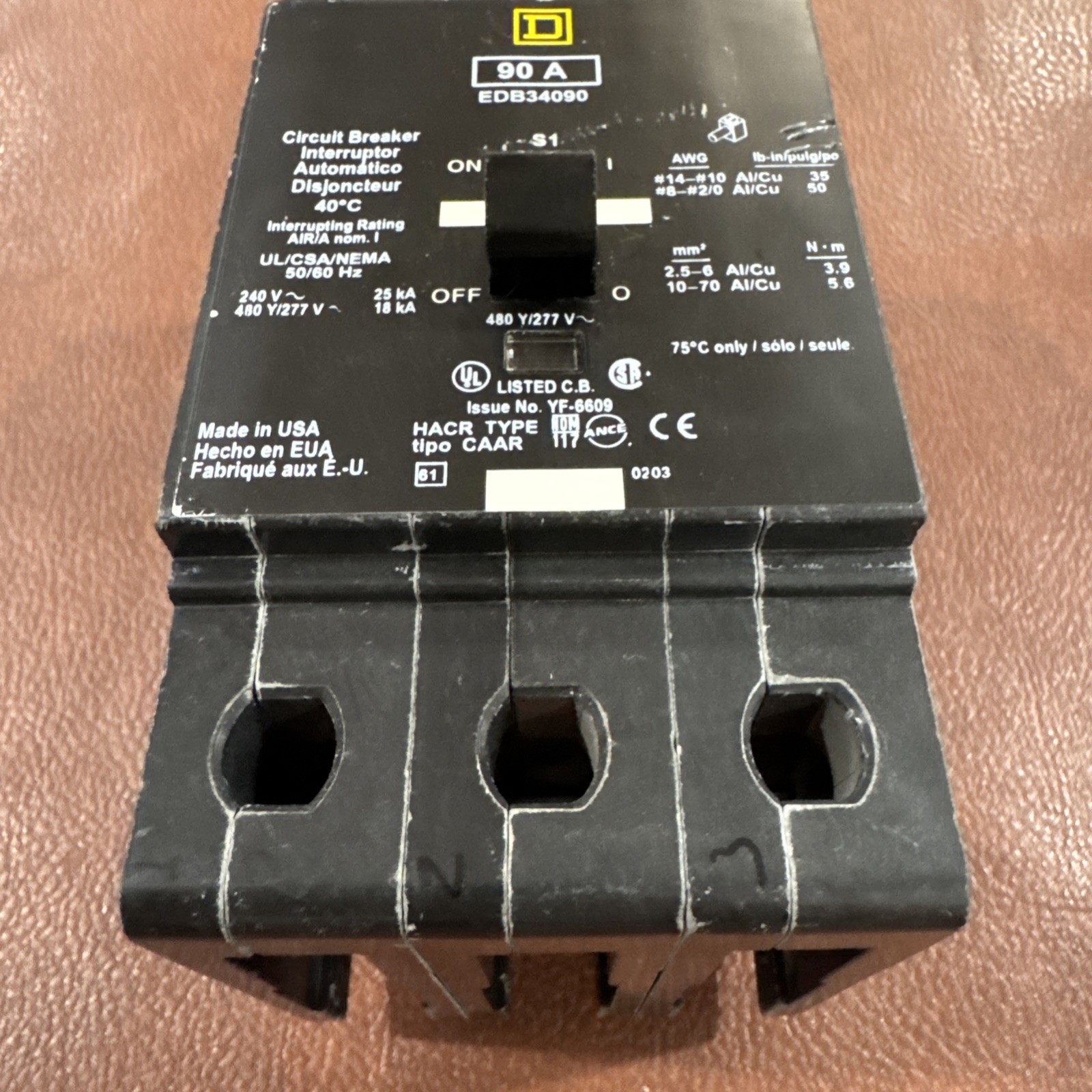 SQUARE D EDB34090 CIRCUIT BREAKER EDB 3 POLE 90 AMP 480Y/277VAC 90A 3P