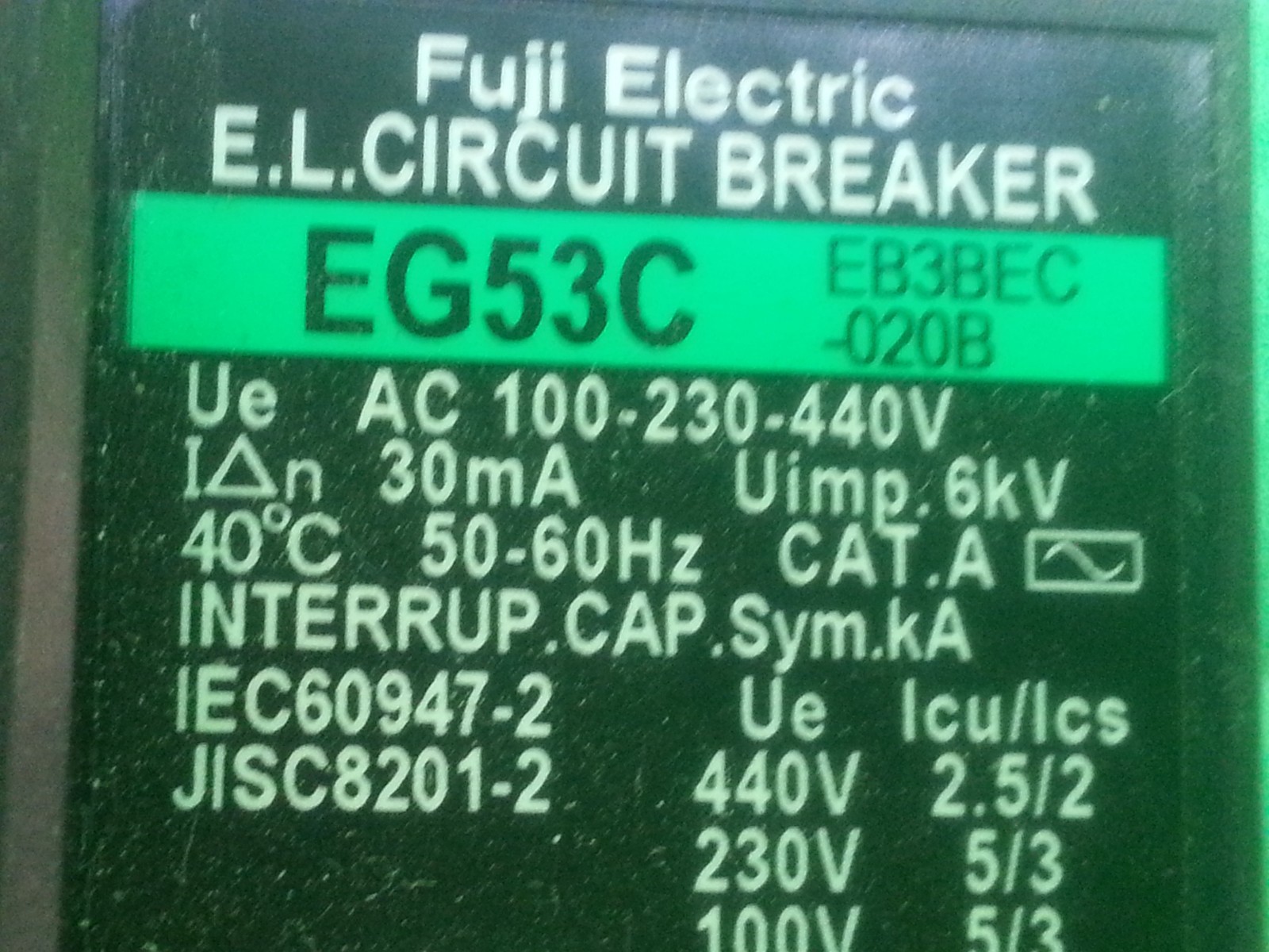 FUJI ELECTRIC EG53C EB3BEC-020B 20A AC 100-230-440V E.L. Circuit Break , USED