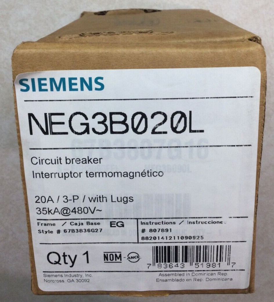 NEW SIEMENS NEG3B020L like NEB 20 Amp 3P CIRCUIT BREAKER & Lugs 35kA 480V UL