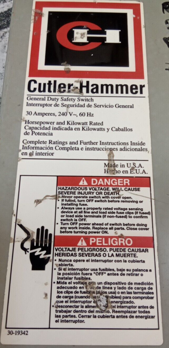 CUTLER HAMMER/DISCONNECT/SWITCH/DG321NGB/30A /3P/240V/FUSIBLE/R1-INDOOR(B33D1