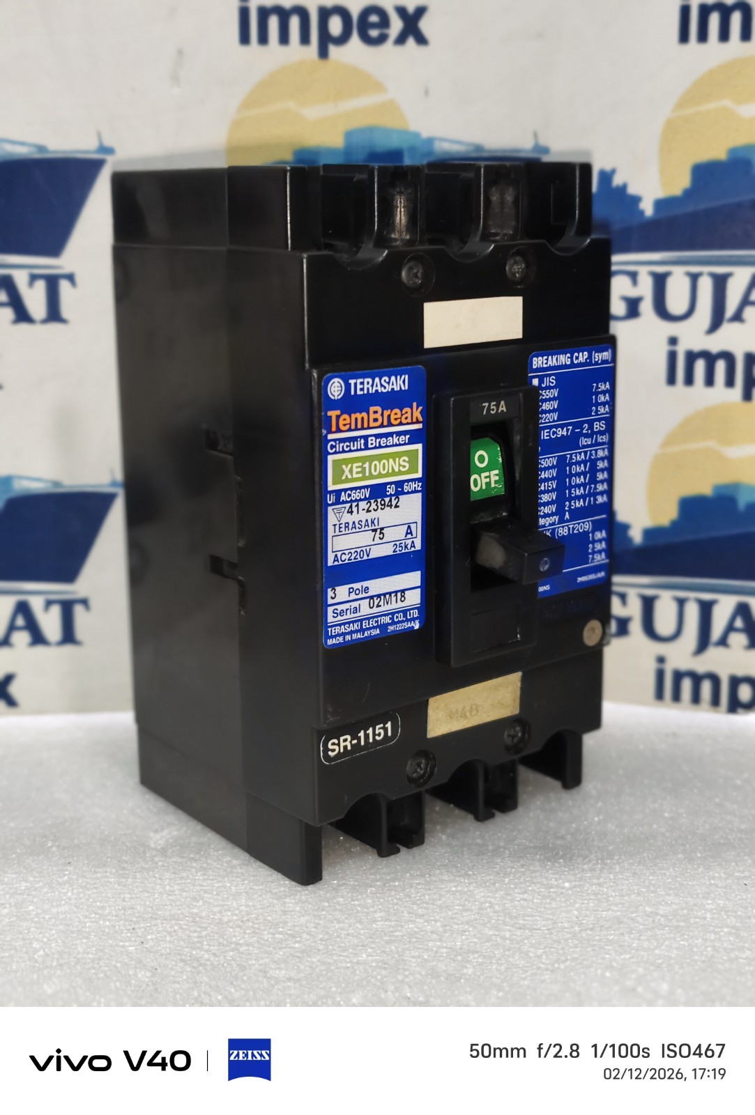 TERASAKI TEMBREAK XE100NS 75A 3POLE 25KA AC600V DC250V CIRCUIT BREAKER