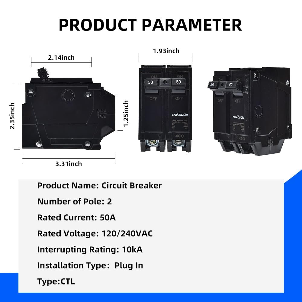 2-Pole Circuit Breaker 50 Amp 120/240VAC 10KA Plug-in Mount Type Breaker