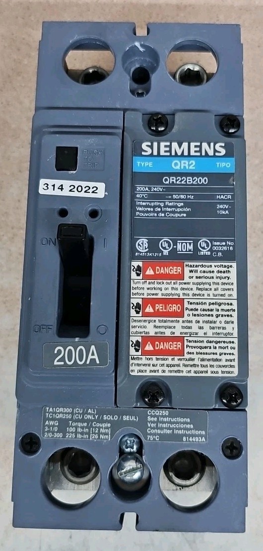 Siemens QR2 QR22B200 200A Main Breaker 240V AC Panel Mount