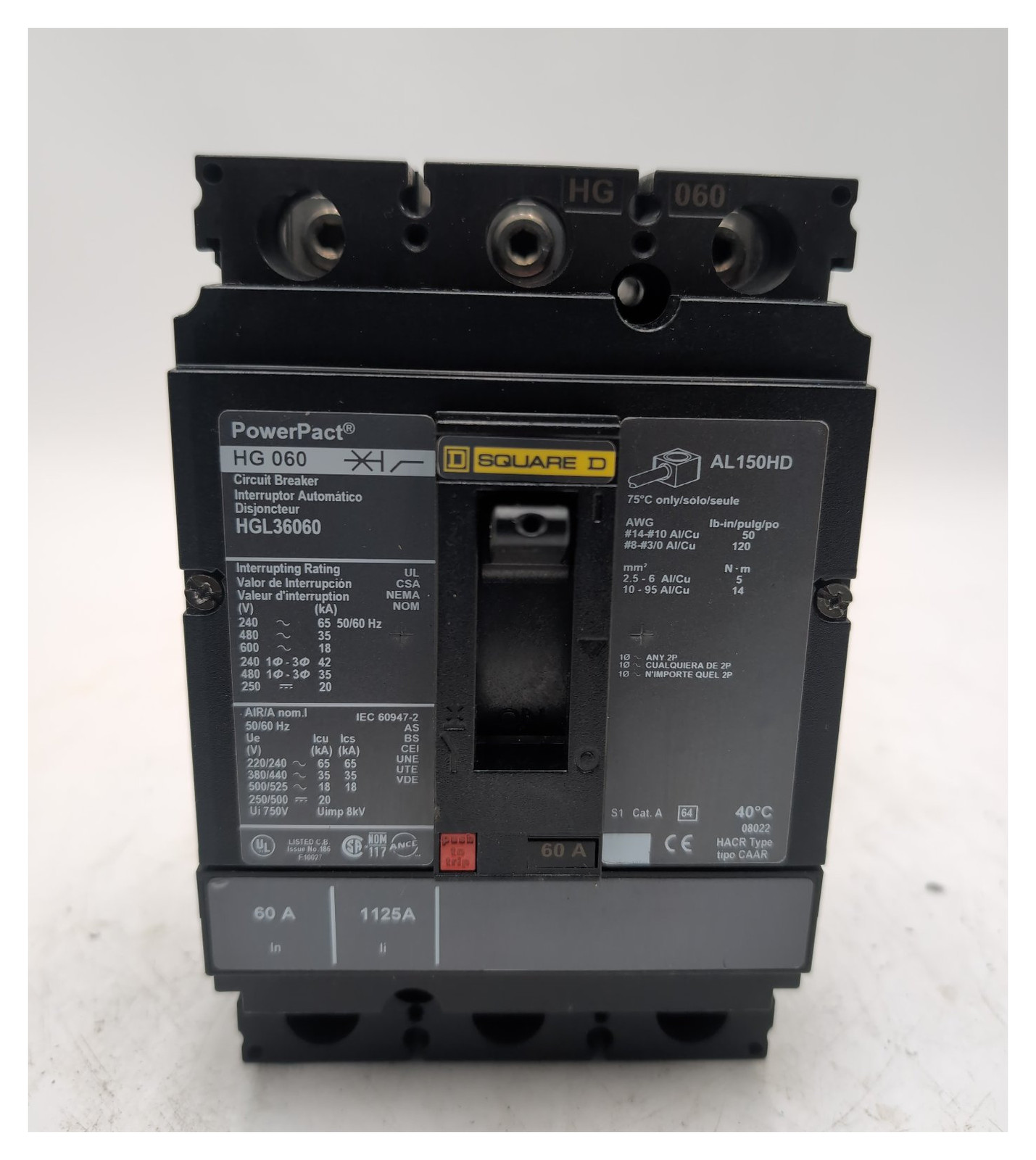 Square D HGL36060 60A 3P 600V Circuit Breaker USED