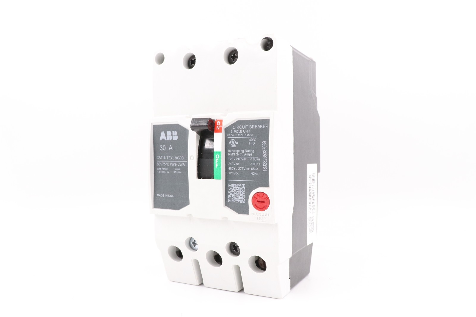 ABB/GE TEYL3030B 30A 3-POLE BOLT-ON CIRCUIT BREAKER, 65KA@480Y/277VAC HACR