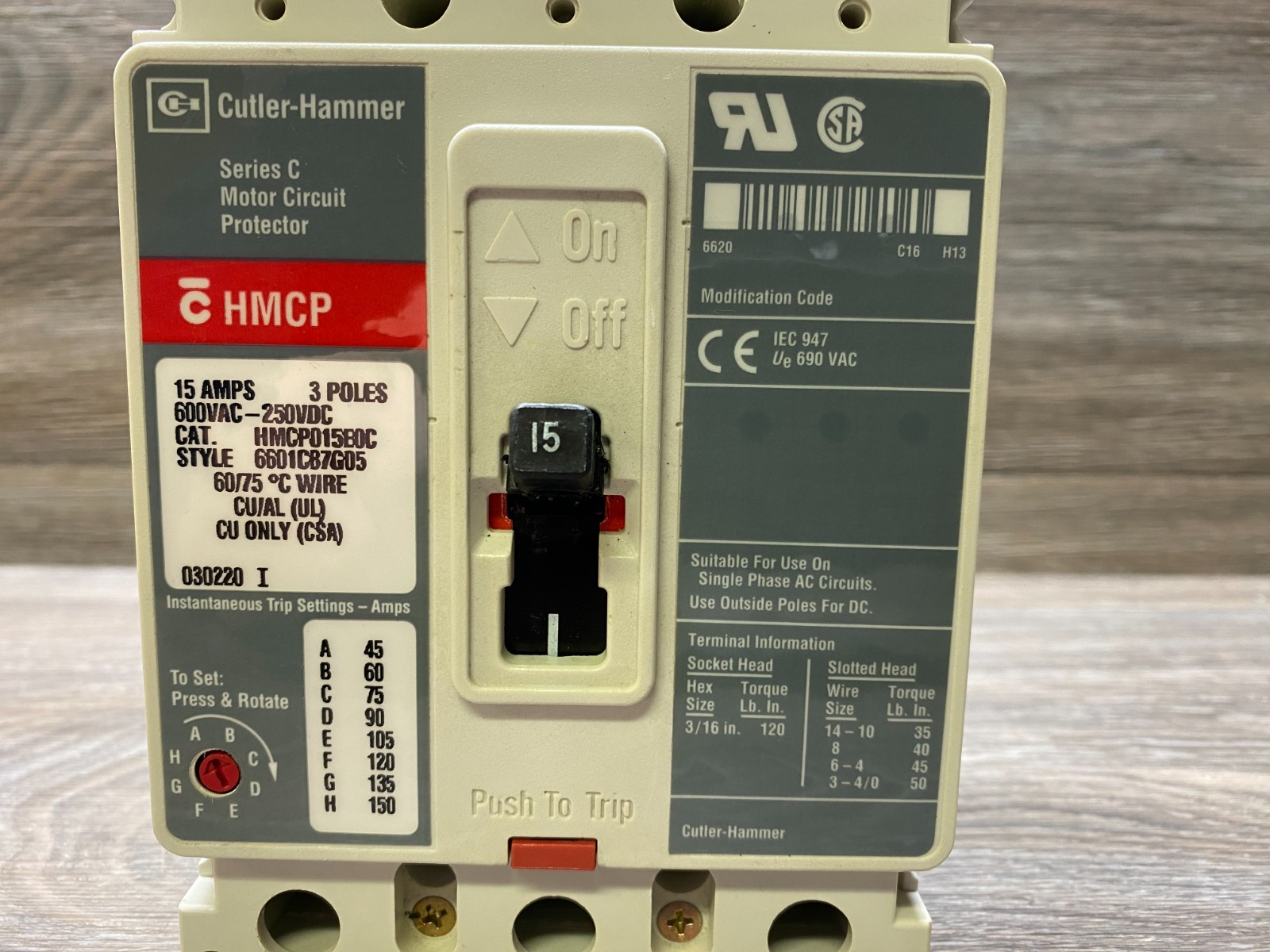 EATON /Cutler Hammer HMCP015EOC 15 Amp 600 Volt 3 Pole Circuit Breaker