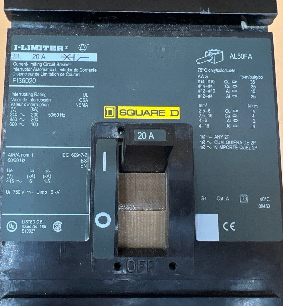 Sq D FI36020 I-Line Circuit Breaker 20A 3P 600V I-Limiter 20 Amp 3 Pole Used