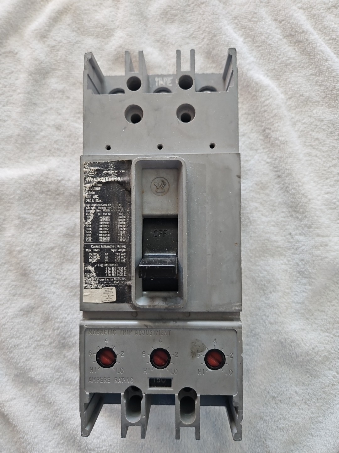 WESTINGHOUSE HKB3250F 250 AMP CIRCUIT BREAKER 3 POLE 600 VAC