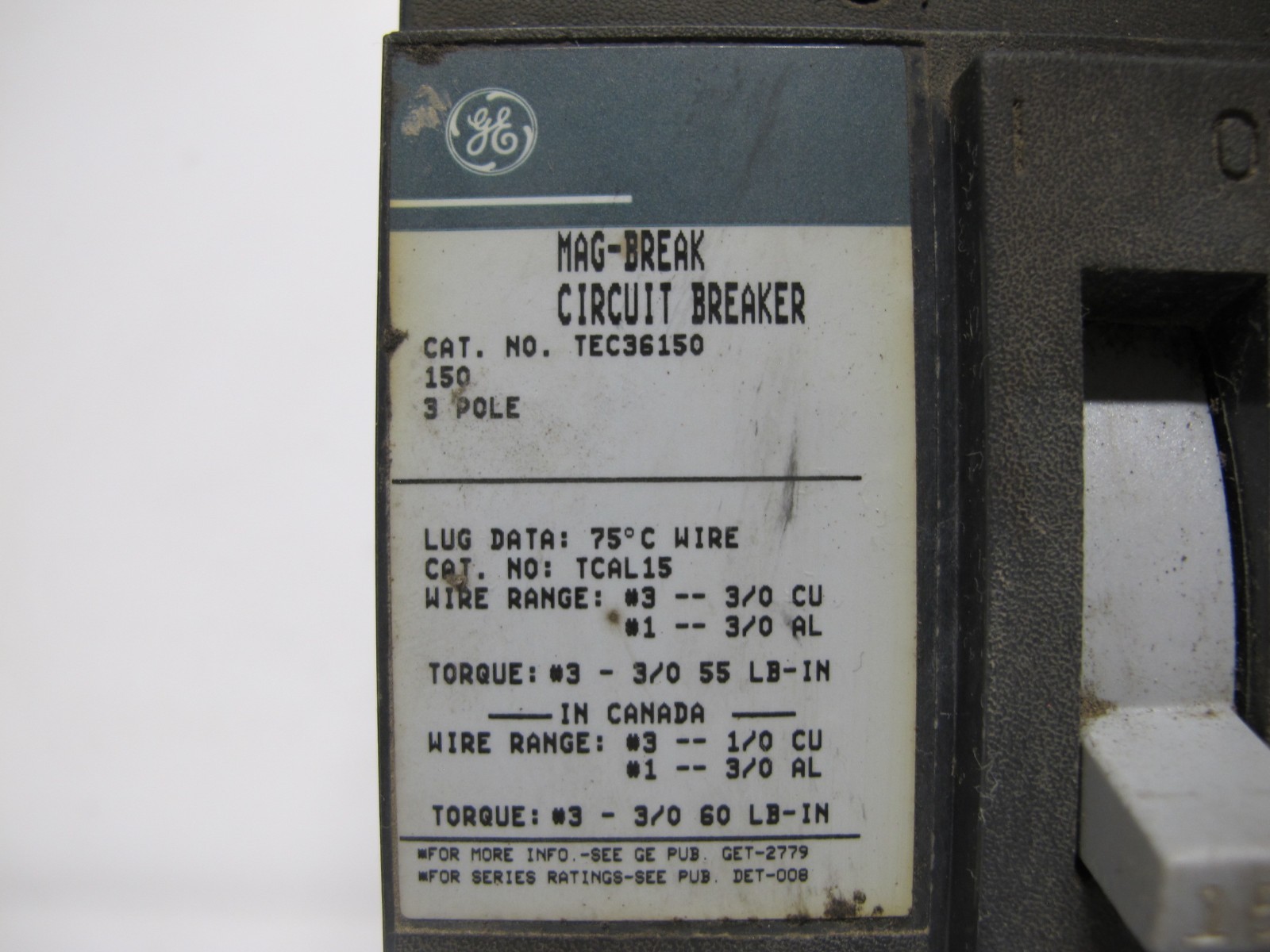 General Electric TEC36150 150 Amp Mag Break Circuit Breaker TEC 150 A GE 3 Pole