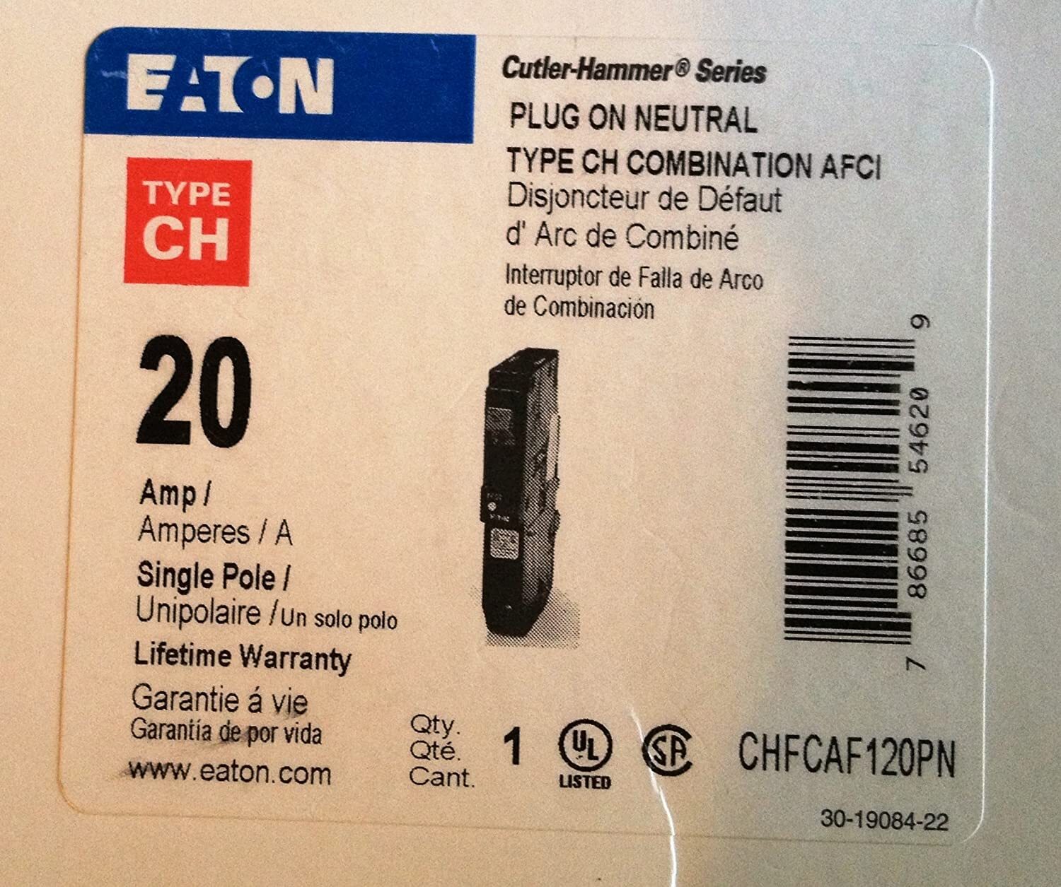 Eaton CHFCAF120PN Plug-In Mount Type CH Combination Arc Fault Circuit Breaker 1-