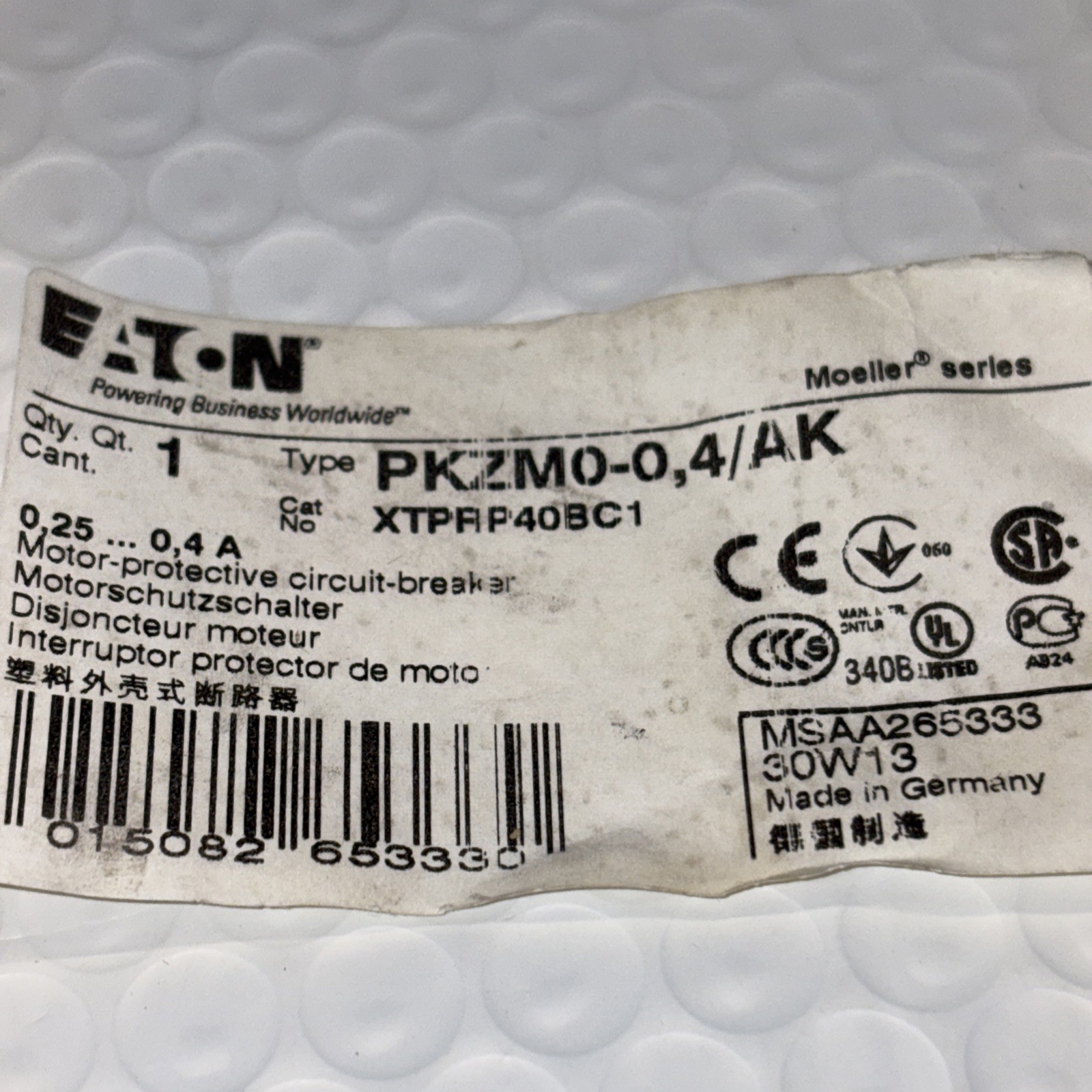 Eaton PKZM0-4/AK Motor Protective Circuit Breaker, XTPRP40BC1, New Open Box