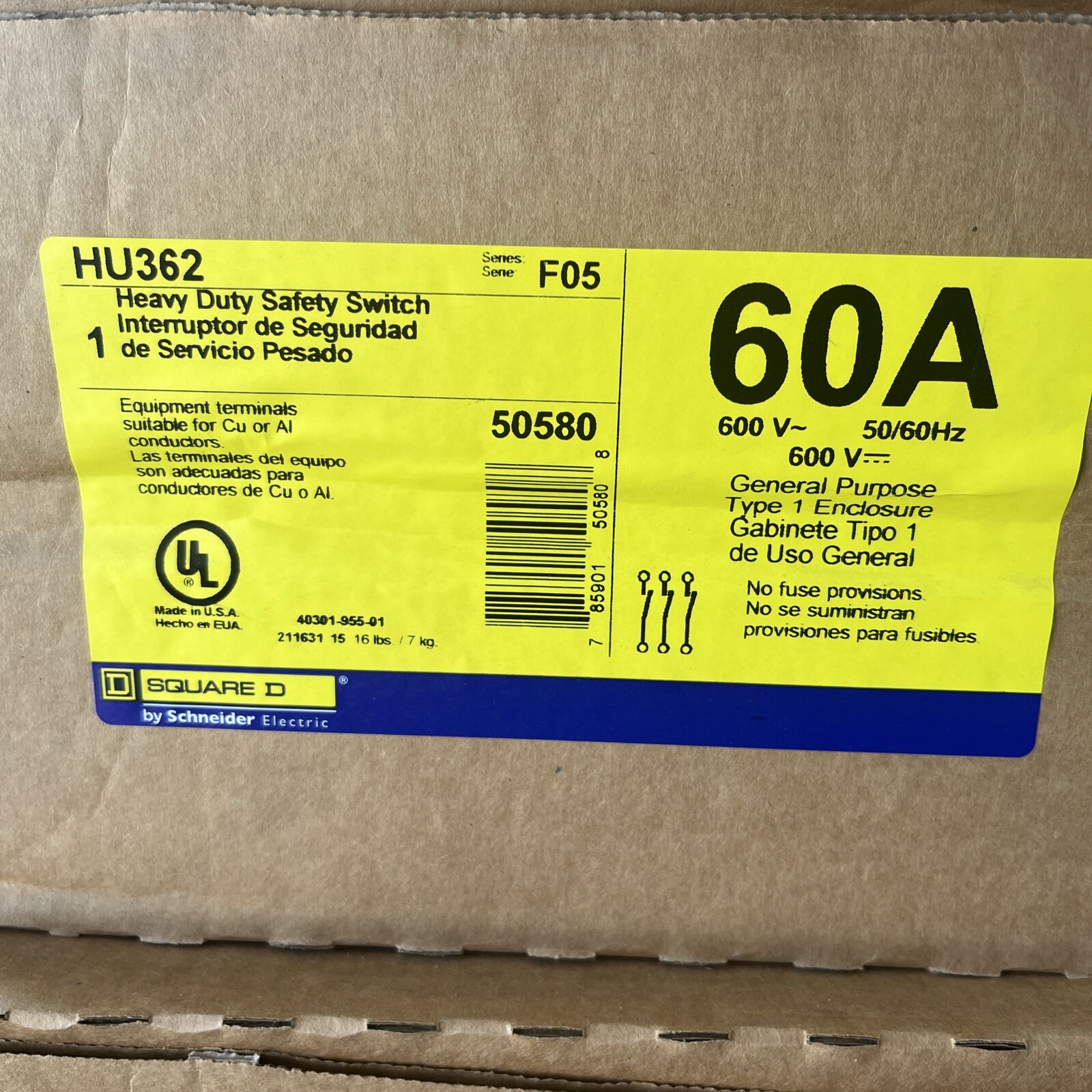 HU362 Square D 60 Amp 600V Non Fusible Nema 1 Indoor Disconnect (NEW IN BOX)